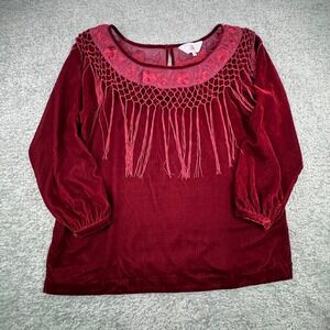 ROJA Velvet Emroidered Rose Fringe Tassel Blouse Top Women's XXL Red Long Sleeve